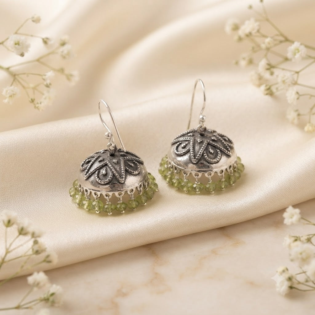 	Oxidised Peridot jhumka earrings with green gemstone bead drops in 925 Sterling Silver