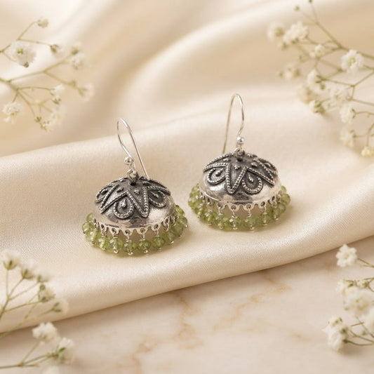 	Oxidised Peridot jhumka earrings with green gemstone bead drops in 925 Sterling Silver
