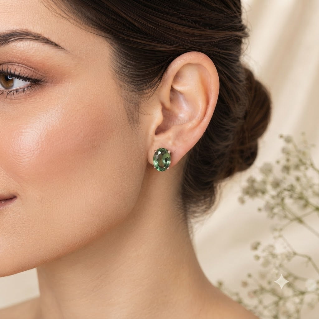 Green Tourmaline stud earrings in 925 sterling silver with oval gemstones