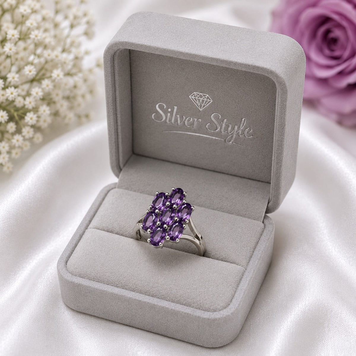 Oval Amethyst Cluster Ring in Authentic 925 Sterling Silver for Women