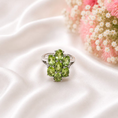 Radiant Peridot Cluster Floral Ring in 925 Sterling Silver