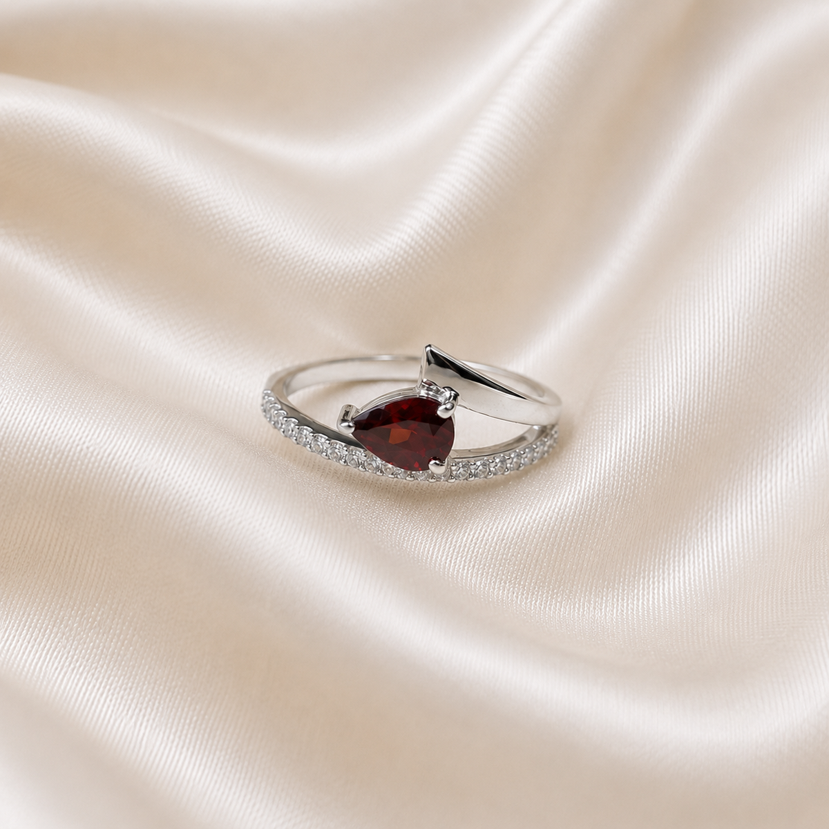 Pear Garnet Bypass Ring in 925 Sterling Silver