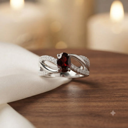 Oval Garnet Twisted Band Ring in 925 Sterling Silver