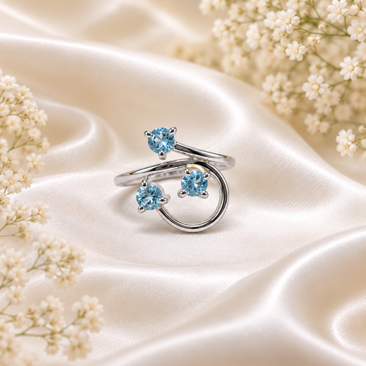 Triple Blue Topaz Bypass Ring in Authentic 925 Sterling Silver
