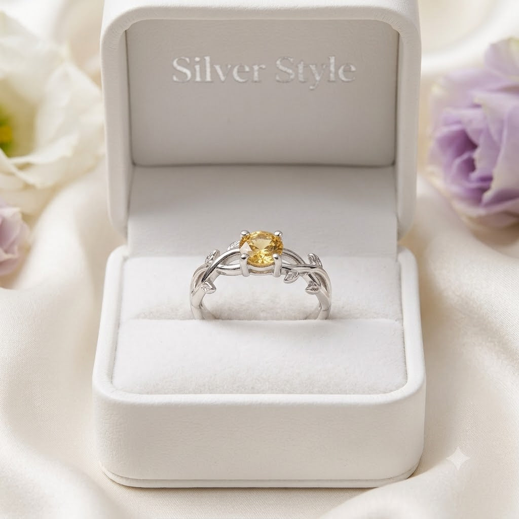Floral Citrine Ring in Authentic 925 Sterling Silver