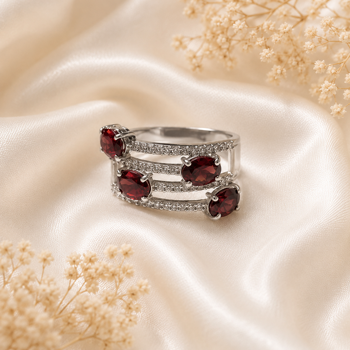 Multi Stone Garnet Ring in Authentic 925 Sterling Silver