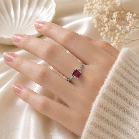 Emerald-Cut Ruby Ring with Accents in 925 Sterling Silver