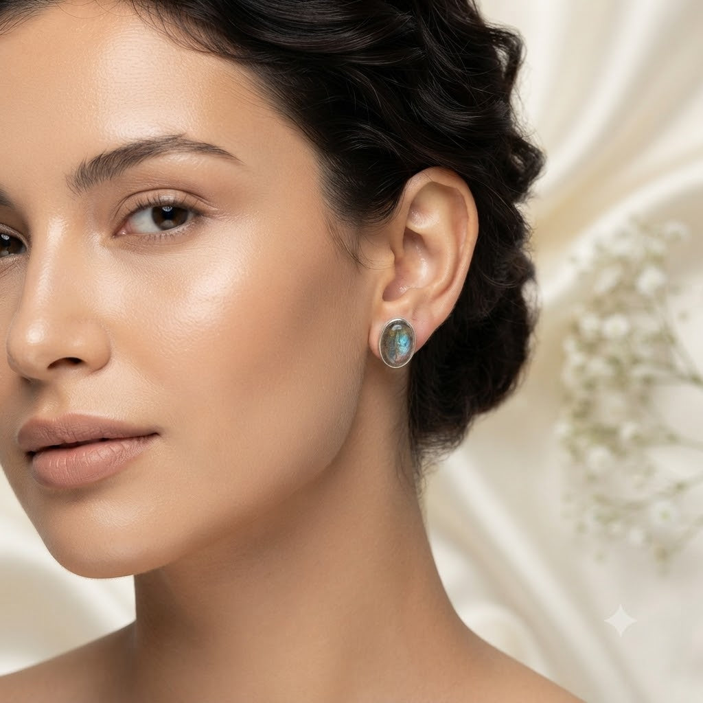 Labradorite oval stud earrings in 925 sterling silver
