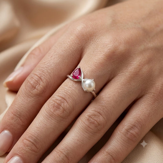 Pear-Cut Ruby and Pearl Bypass Ring in 925 Sterling Silver