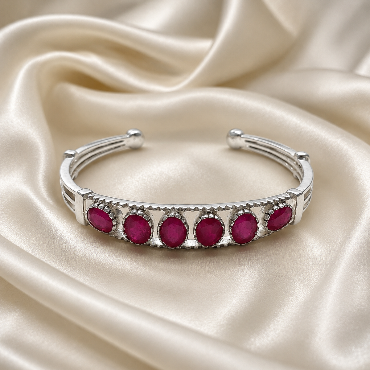 925 Sterling Silver Open Cuff Bangle Featuring Oval Red Ruby Gemstones with Ball End Accents