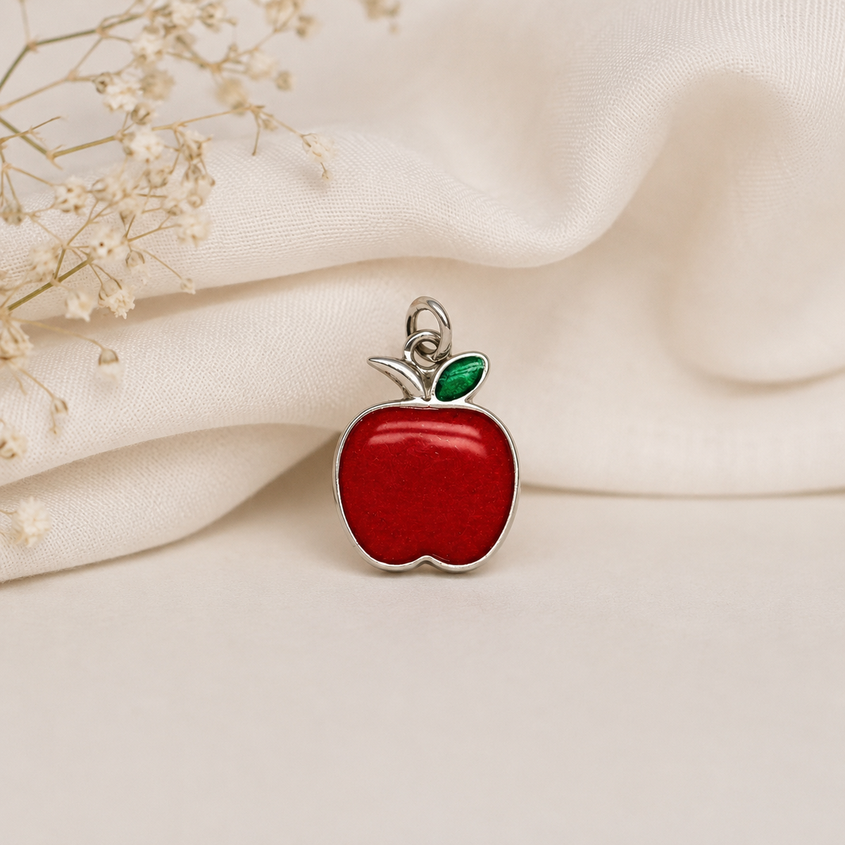 925 Sterling Silver Red Apple Enamel Charm with Green Leaf Detail