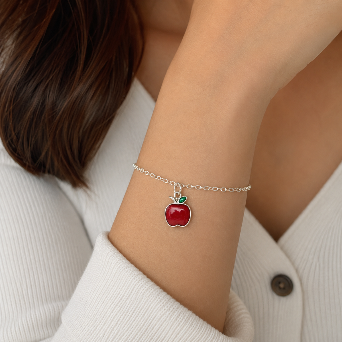 925 Sterling Silver Red Apple Enamel Charm with Green Leaf Detail