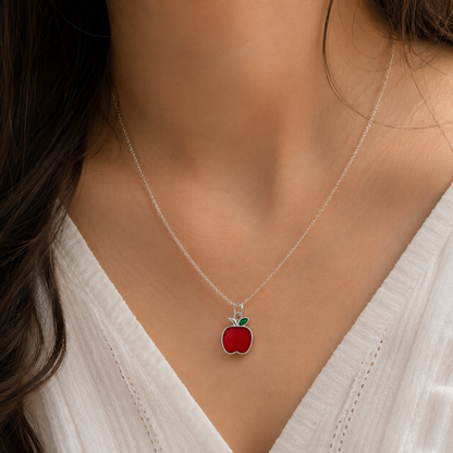 925 Sterling Silver Red Apple Enamel Charm with Green Leaf Detail