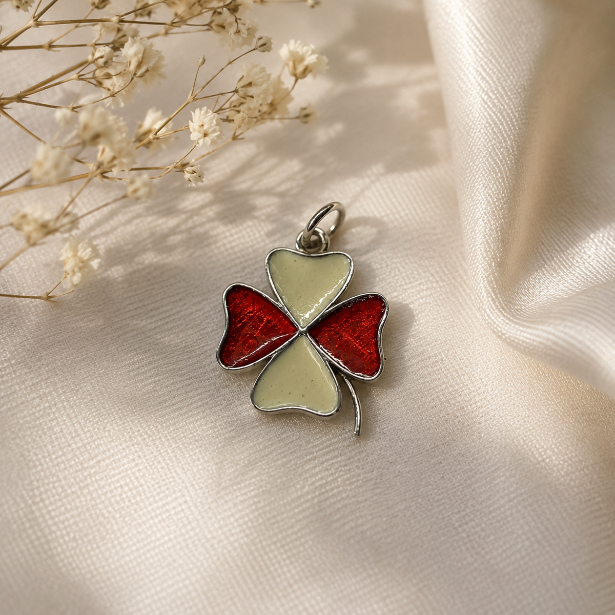 925 Sterling Silver Four Leaf Clover Charm with Red and Off-White Enamel Details