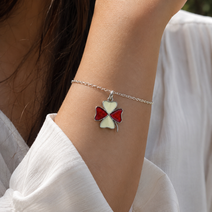 925 Sterling Silver Four Leaf Clover Charm with Red and Off-White Enamel Details