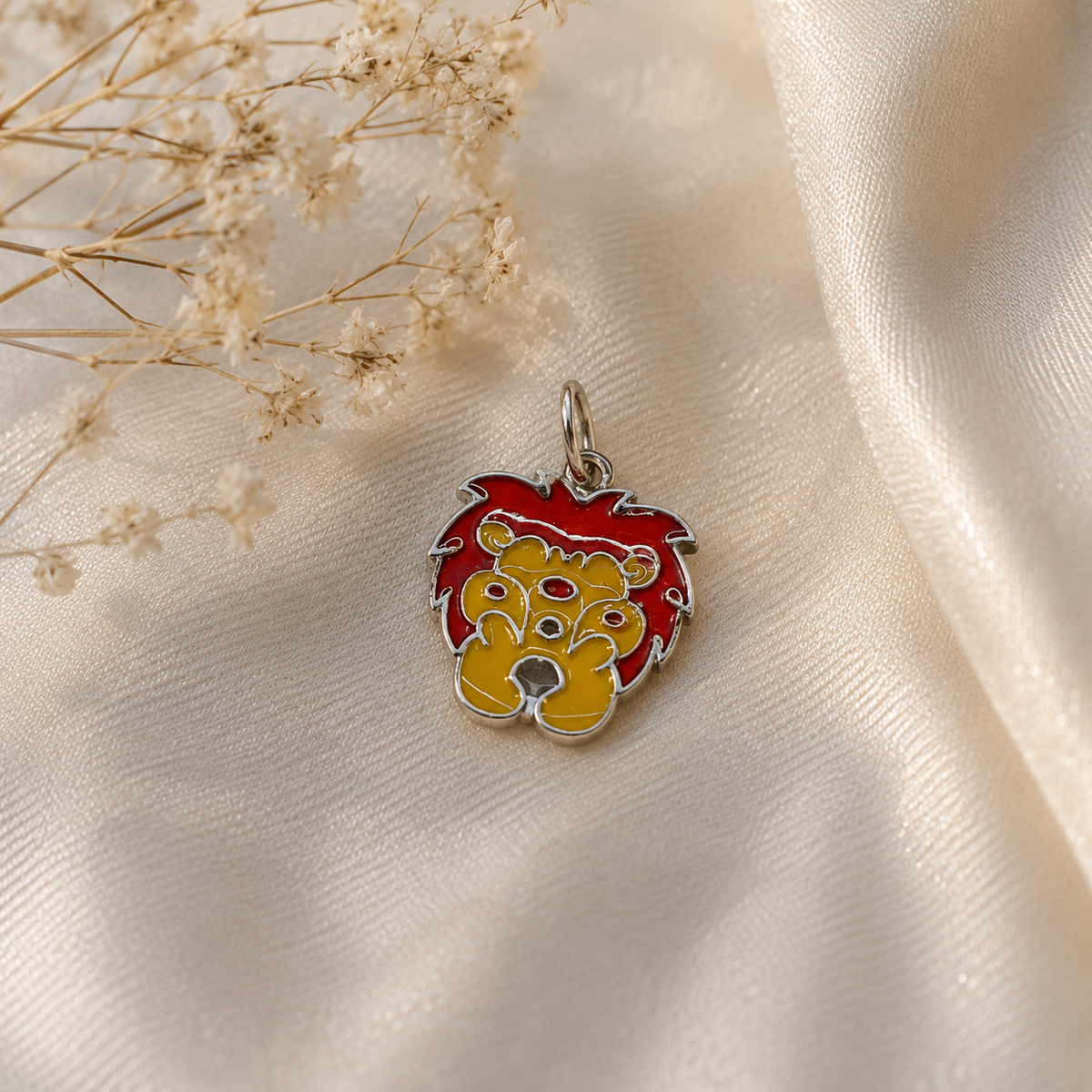 925 Sterling Silver Lion Enamel Charm with Red Mane and Yellow Details