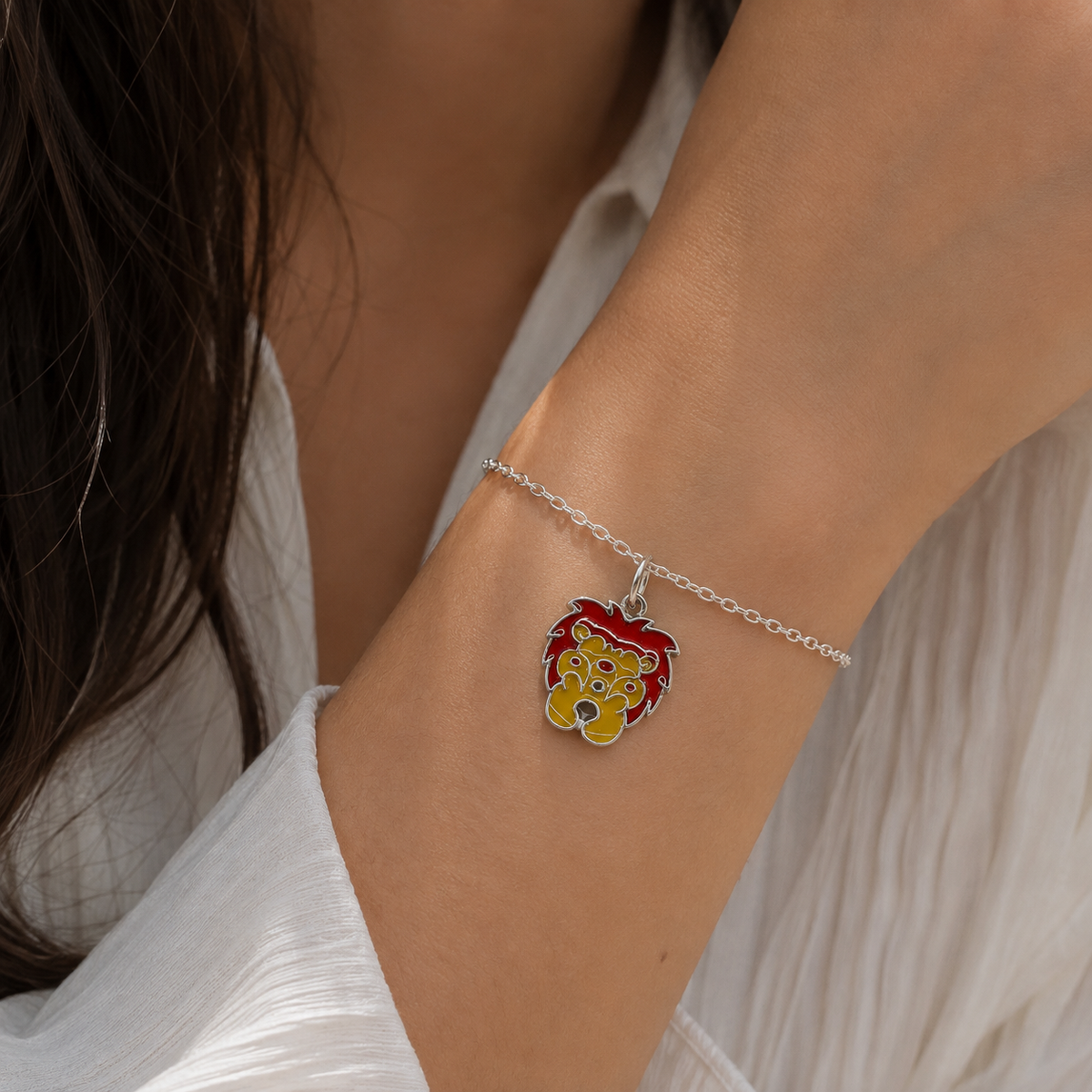 925 Sterling Silver Lion Enamel Charm with Red Mane and Yellow Details