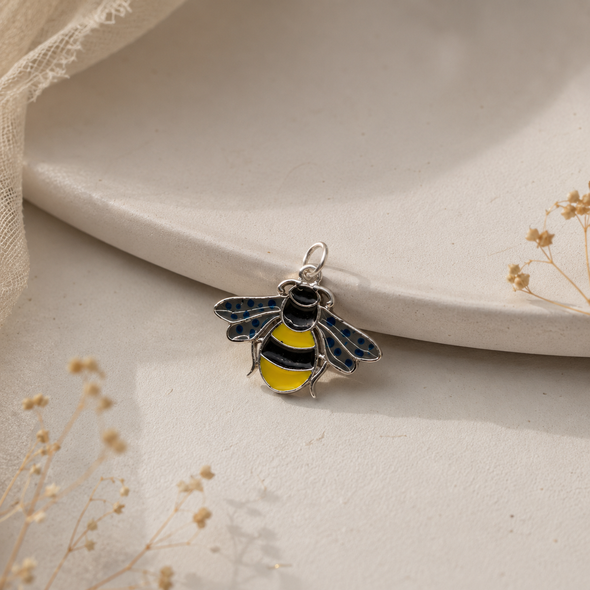 925 Sterling Silver Bumblebee Enamel Charm with Yellow, Black, and Blue Wing Details