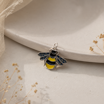 925 Sterling Silver Bumblebee Enamel Charm with Yellow, Black, and Blue Wing Details