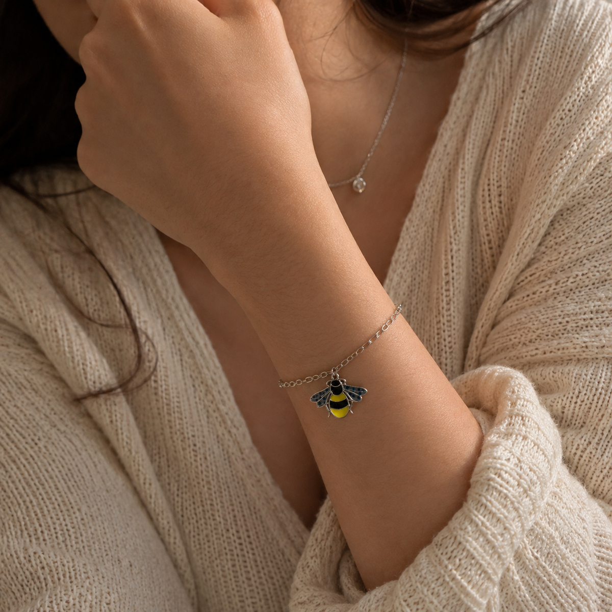 925 Sterling Silver Bumblebee Enamel Charm with Yellow, Black, and Blue Wing Details