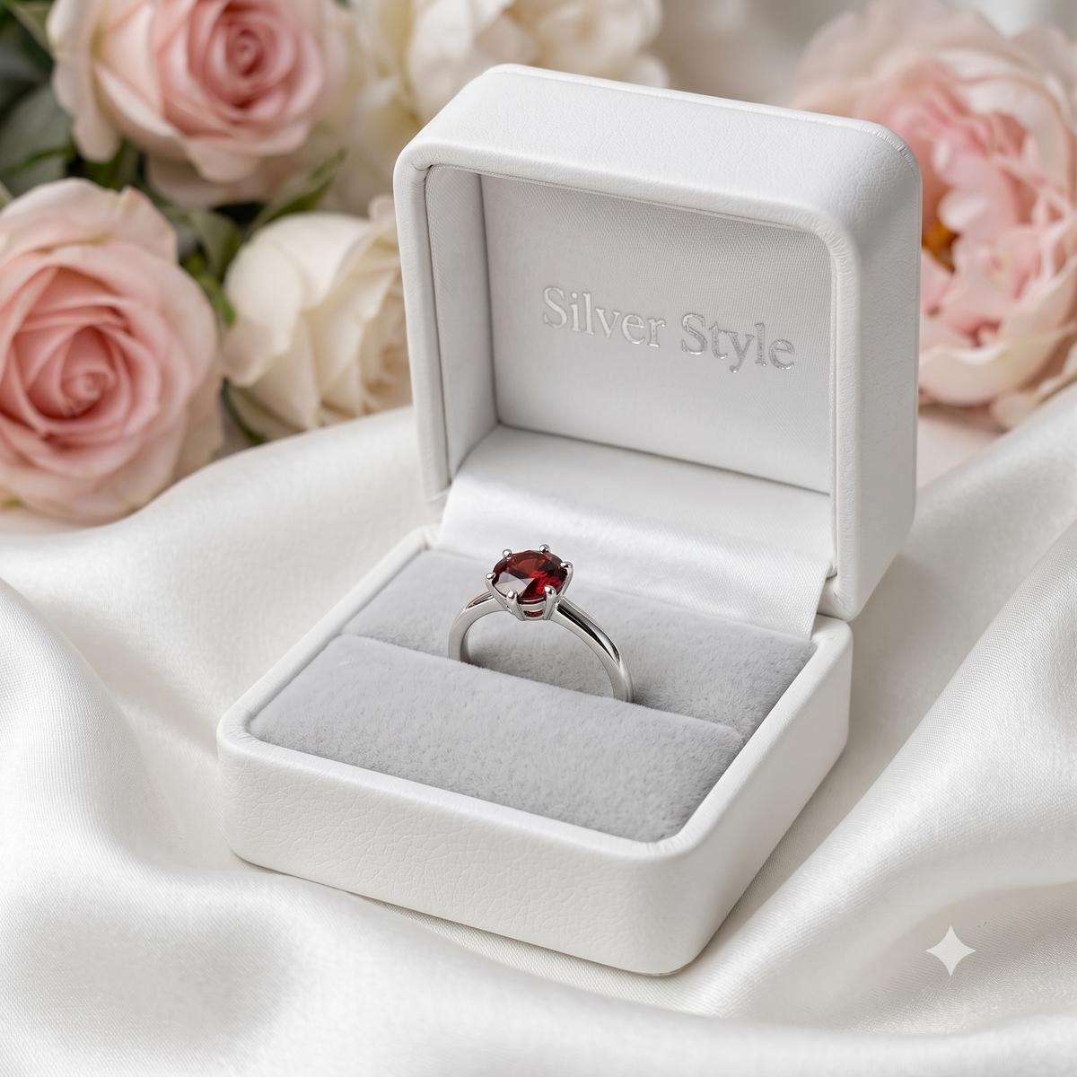 Solitaire Garnet Ring in Authentic 925 Sterling Silver