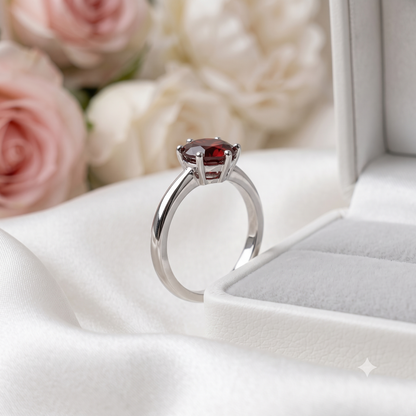 Solitaire Garnet Ring in Authentic 925 Sterling Silver