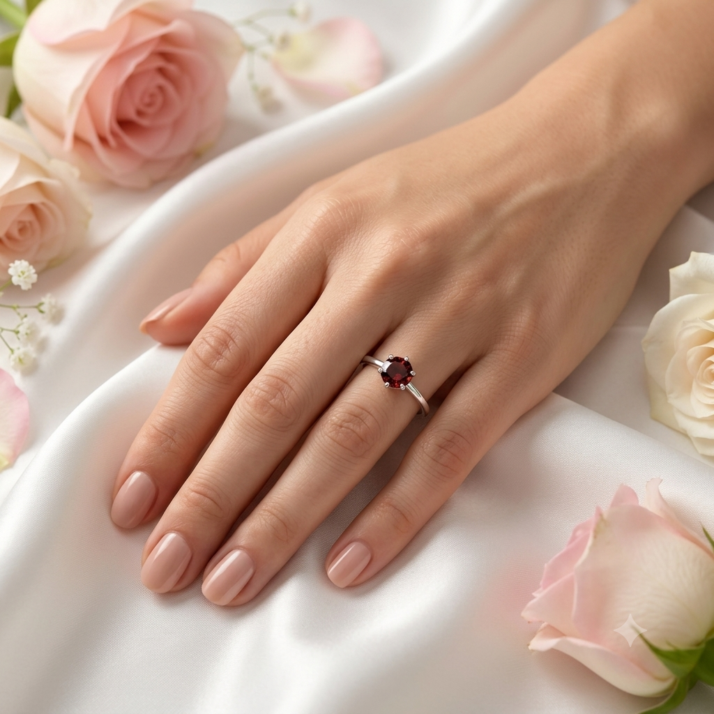 Solitaire Garnet Ring in Authentic 925 Sterling Silver
