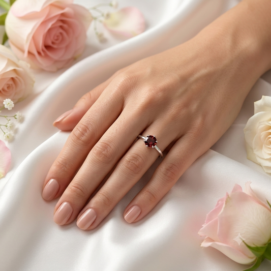 Solitaire Garnet Ring in Authentic 925 Sterling Silver