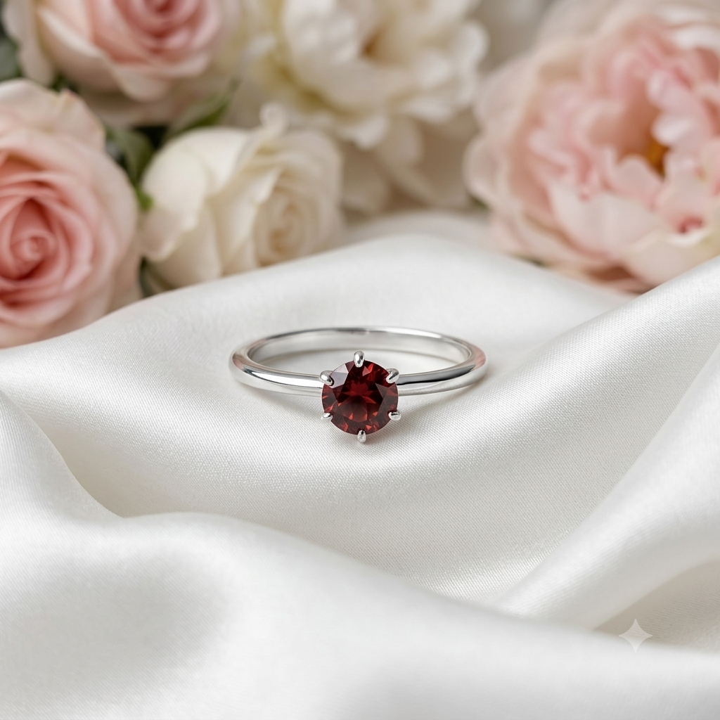 Solitaire Garnet Ring in Authentic 925 Sterling Silver