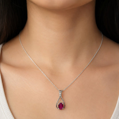 Ruby Drop Pendant in 925 Sterling Silver with oval-cut red gemstone.
