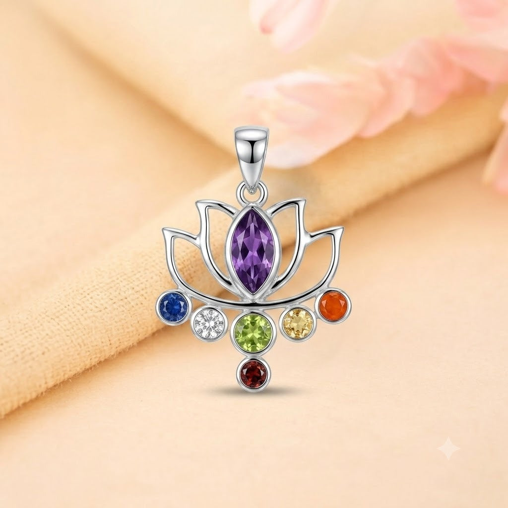 Navratna Lotus Pendant in 925 Sterling Silver with Amethyst, Sapphire, Peridot, Citrine, Carnelian and Garnet