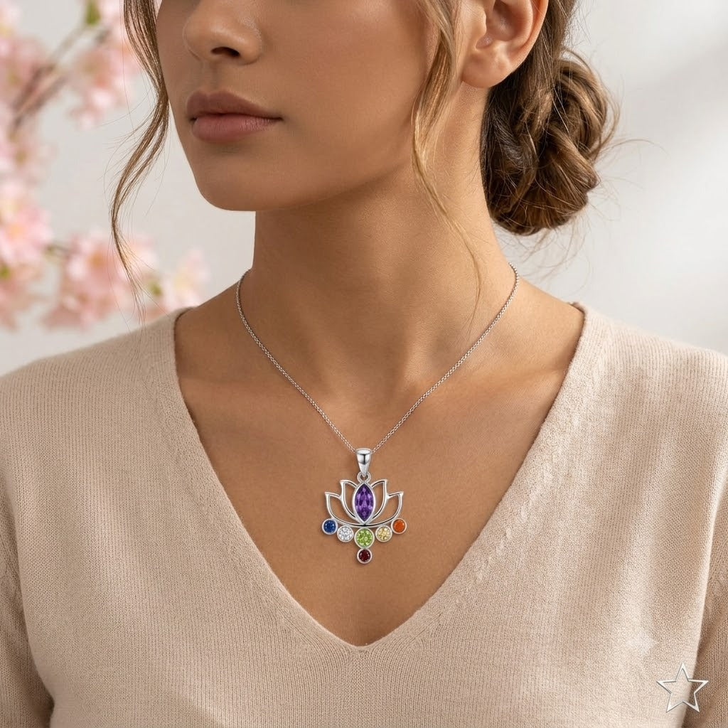 Navratna Lotus Pendant in 925 Sterling Silver with Amethyst, Sapphire, Peridot, Citrine, Carnelian and Garnet