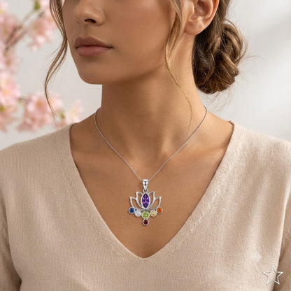 Navratna Lotus Pendant in 925 Sterling Silver with Amethyst, Sapphire, Peridot, Citrine, Carnelian and Garnet