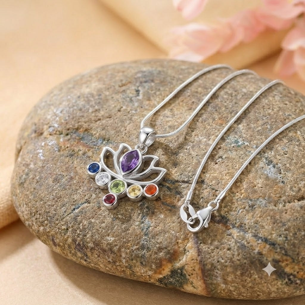 Navratna Lotus Pendant in 925 Sterling Silver with Amethyst, Sapphire, Peridot, Citrine, Carnelian and Garnet