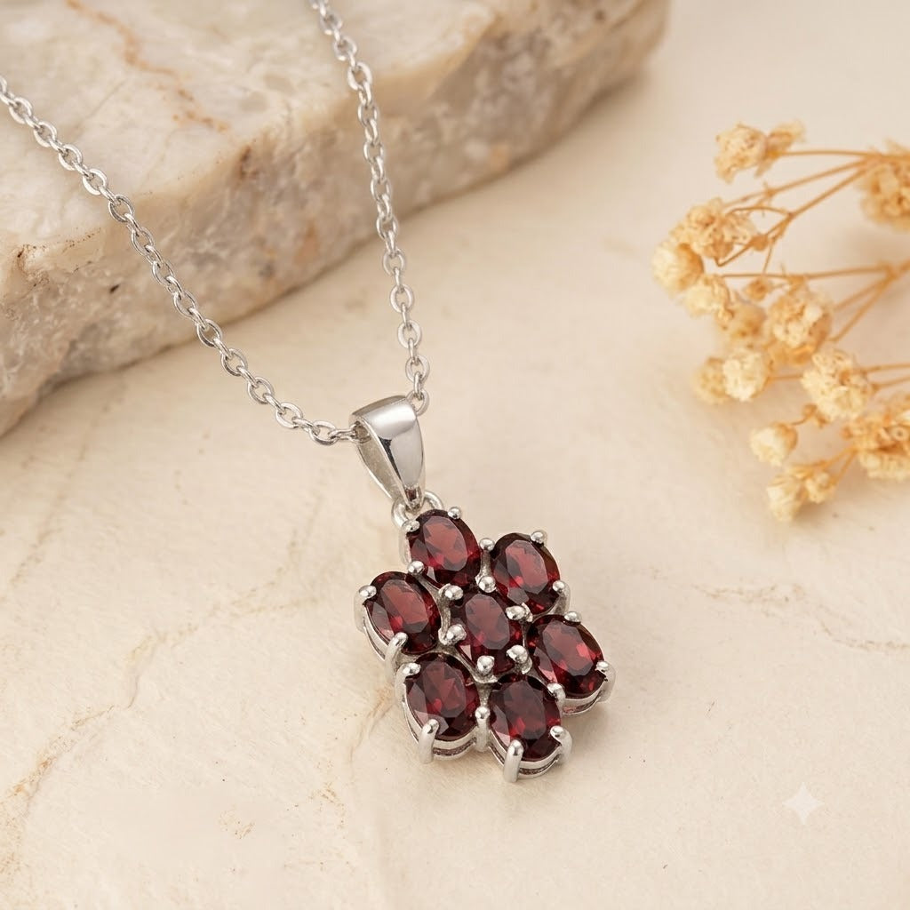Garnet Flower Pendant in 925 Sterling Silver for Women