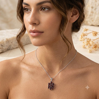 Garnet Flower Pendant in 925 Sterling Silver for Women