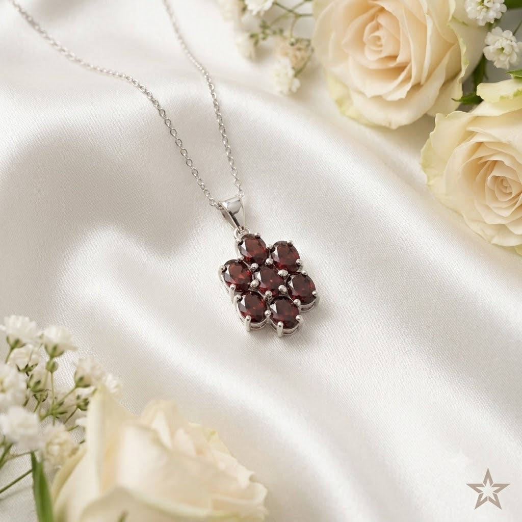 Garnet Flower Pendant in 925 Sterling Silver for Women