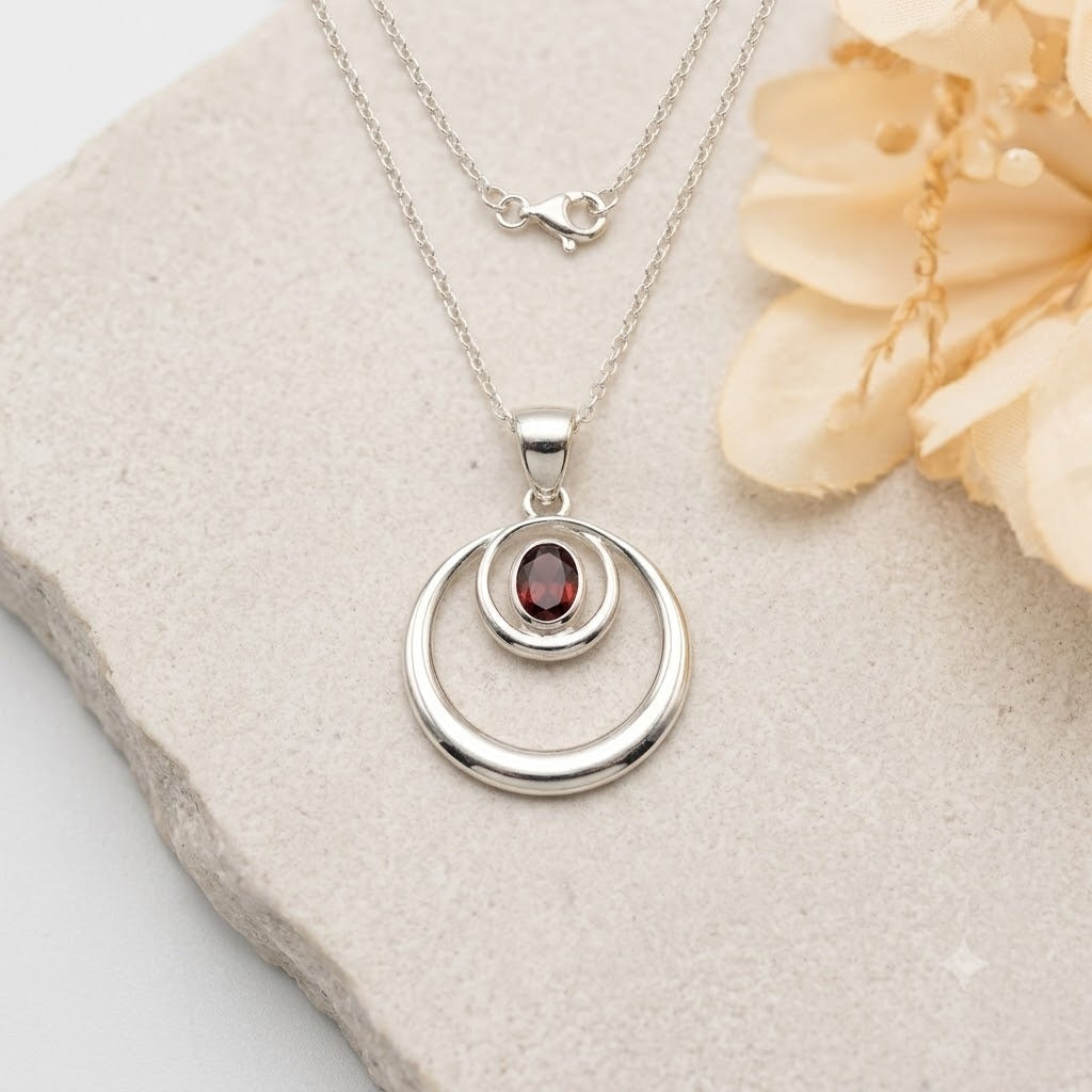 Garnet Circle Pendant in 925 Sterling Silver for Women
