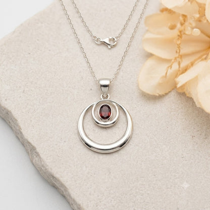 Garnet Circle Pendant in 925 Sterling Silver for Women