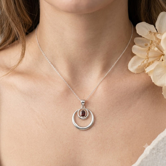 Garnet Circle Pendant in 925 Sterling Silver for Women