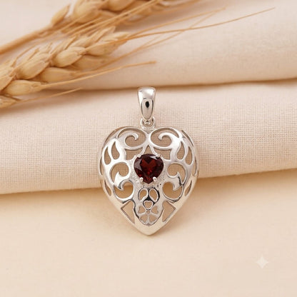 Heart Garnet Pendant in 925 Sterling Silver for Women