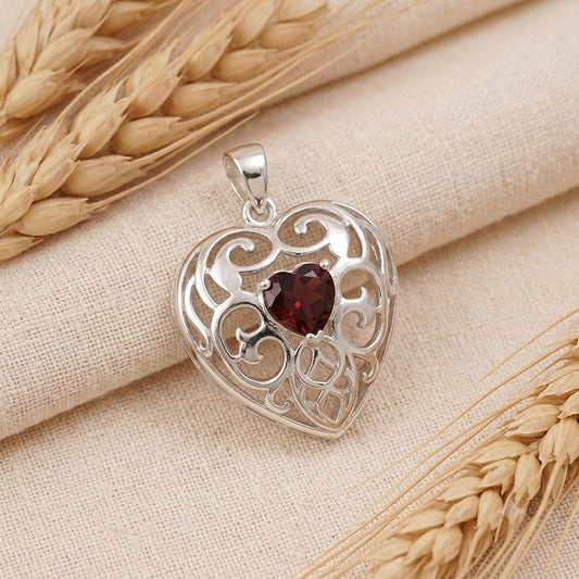 Heart Garnet Pendant in 925 Sterling Silver for Women