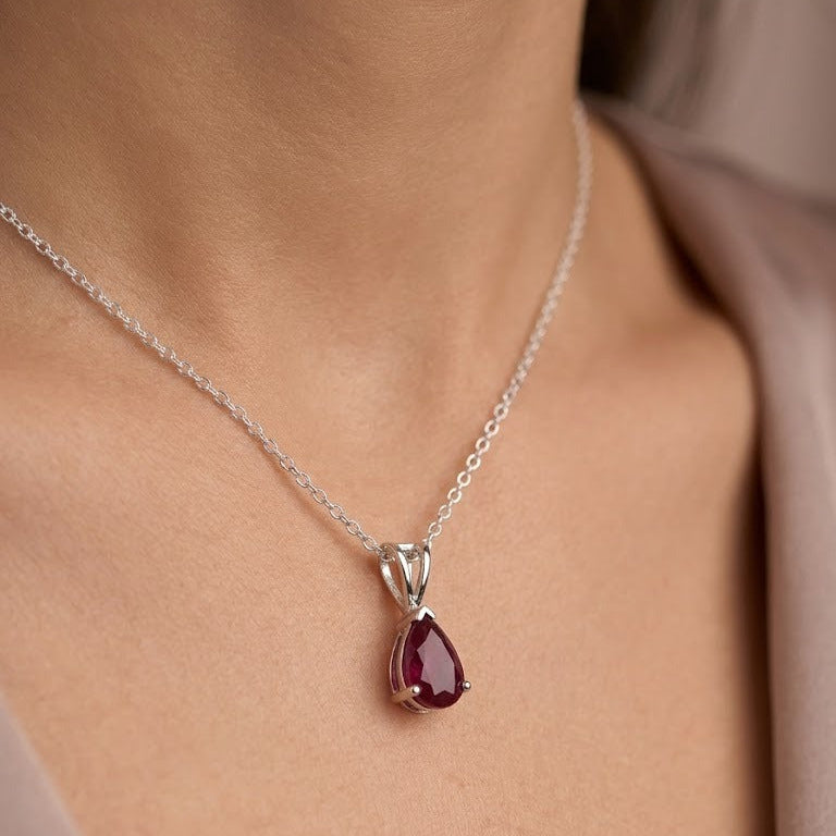 Ruby Pear Pendant in 925 Sterling Silver with a sparkling pear-cut Ruby gemstone