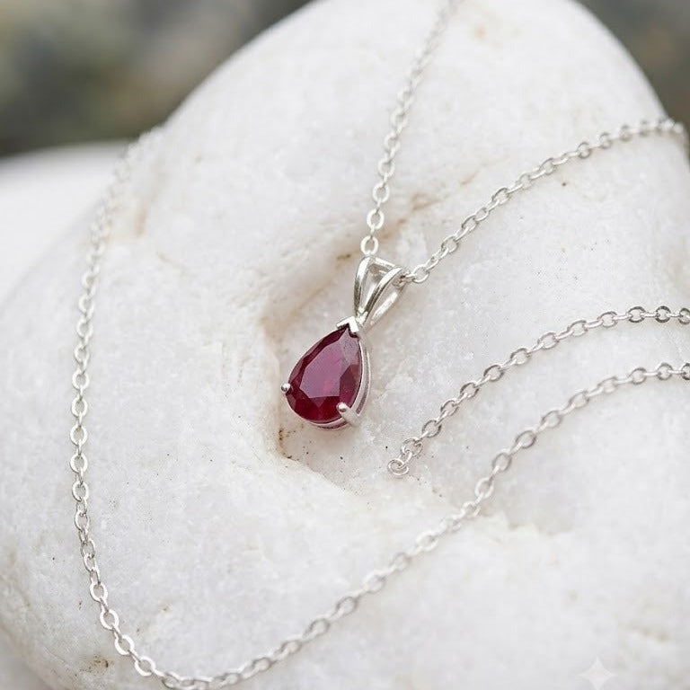 Ruby Pear Pendant in 925 Sterling Silver with a sparkling pear-cut Ruby gemstone