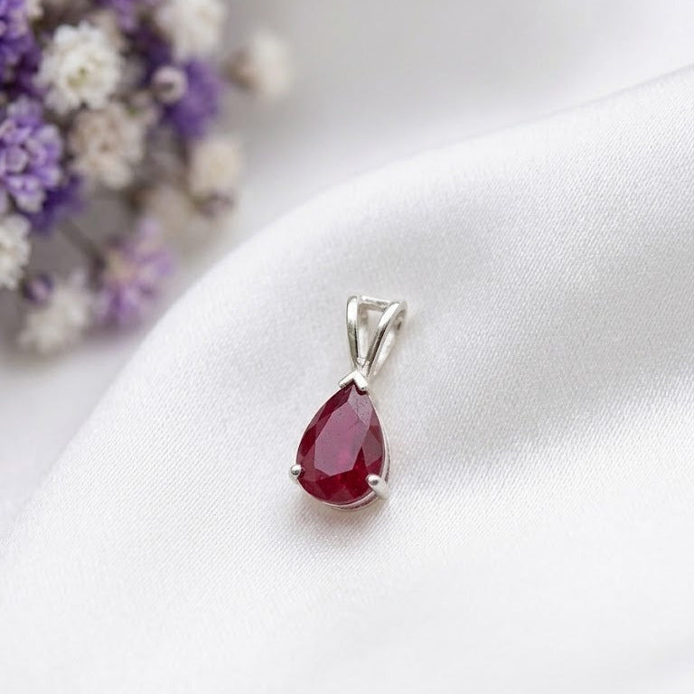 Ruby Pear Pendant in 925 Sterling Silver with a sparkling pear-cut Ruby gemstone
