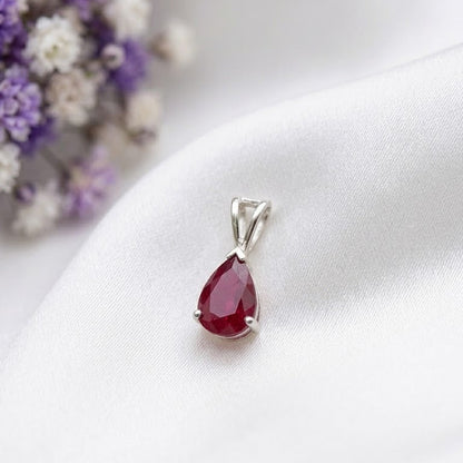 Ruby Pear Pendant in 925 Sterling Silver with a sparkling pear-cut Ruby gemstone