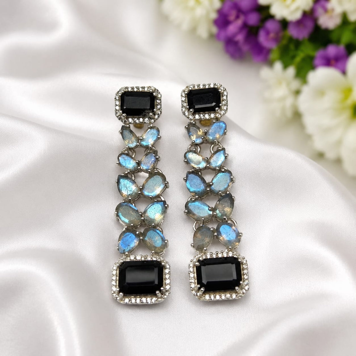 Black Onyx & Labradorite earrings in 925 Sterling Silver.