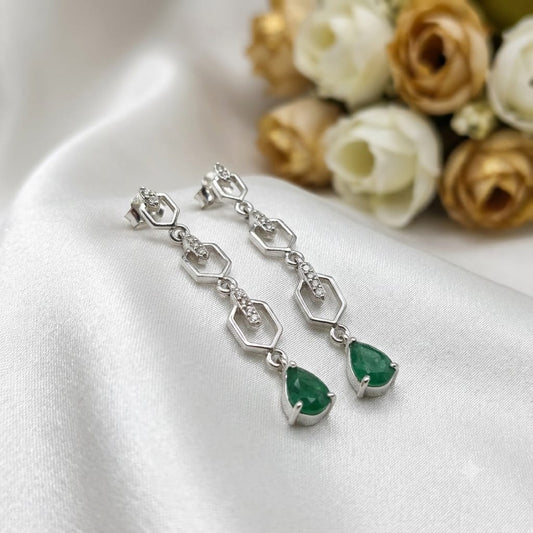 925 Sterling Silver Geometric Drop Earrings featuring pear-cut natural Emerald gemstones with Cubic Zirconia accents.
