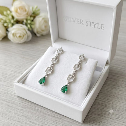 925 Sterling Silver Geometric Drop Earrings featuring pear-cut natural Emerald gemstones with Cubic Zirconia accents.