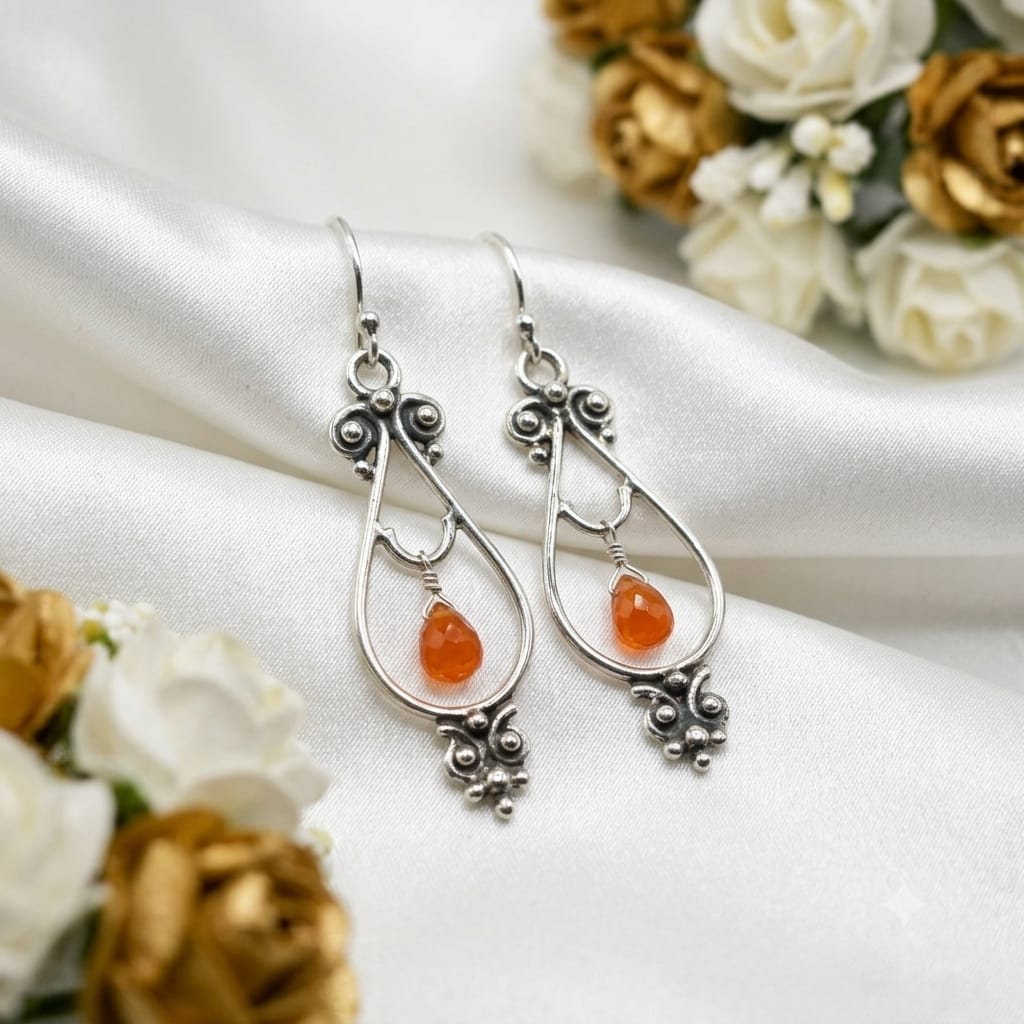 925 Sterling Silver Teardrop Dangle Earrings featuring a natural Carnelian gemstone in an elegant openwork design.